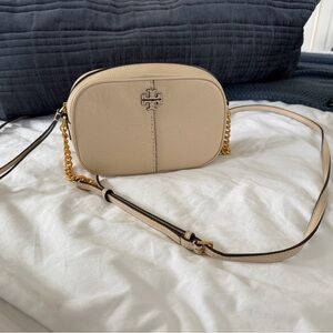 Tory Burch Neutral Pebbled Leather Crossbody with Gold Hardware